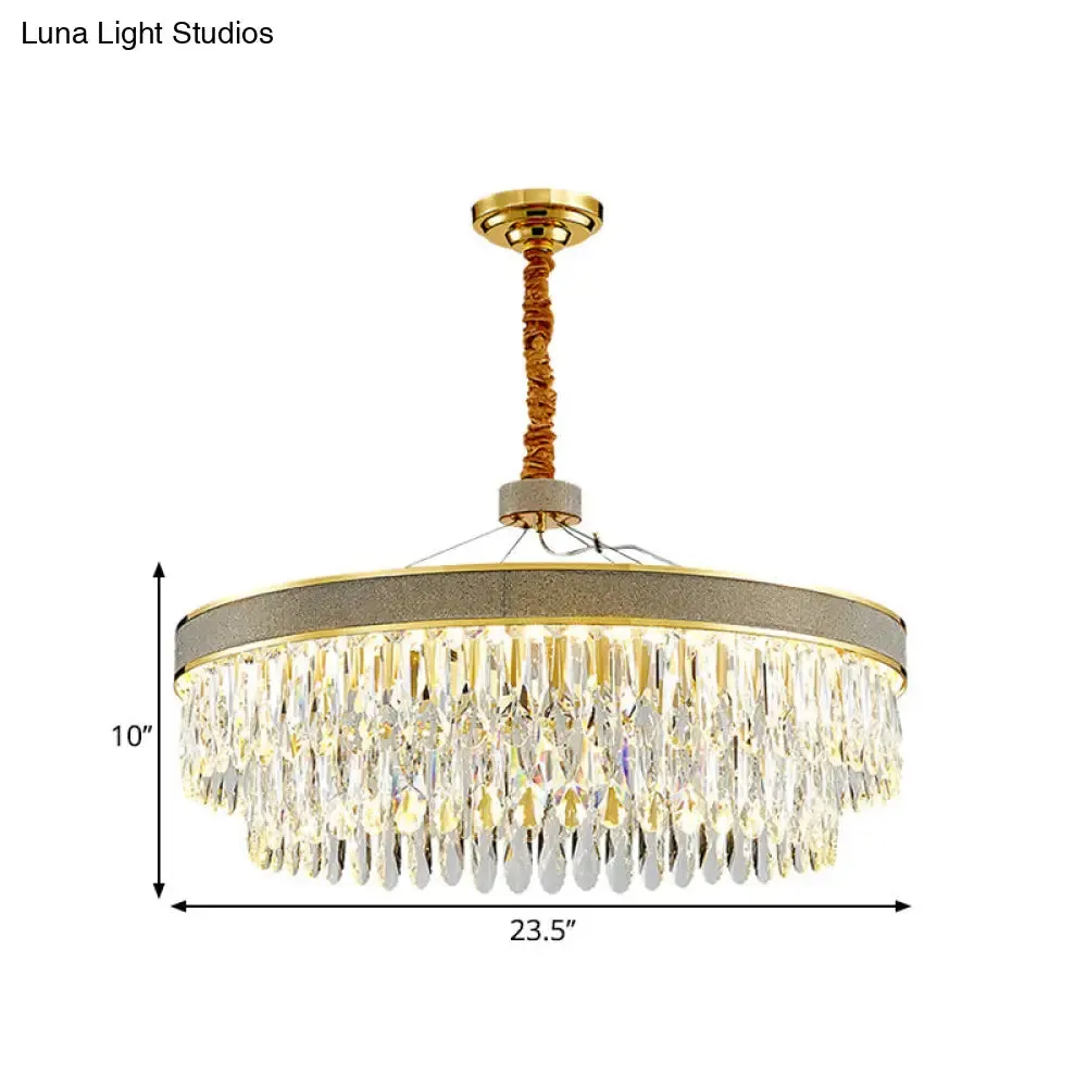 LED Hanging Chandelier - Modern Gold Finish, Clear Crystal Draping, 2-Layer Round Design - 18"/23.5" Width