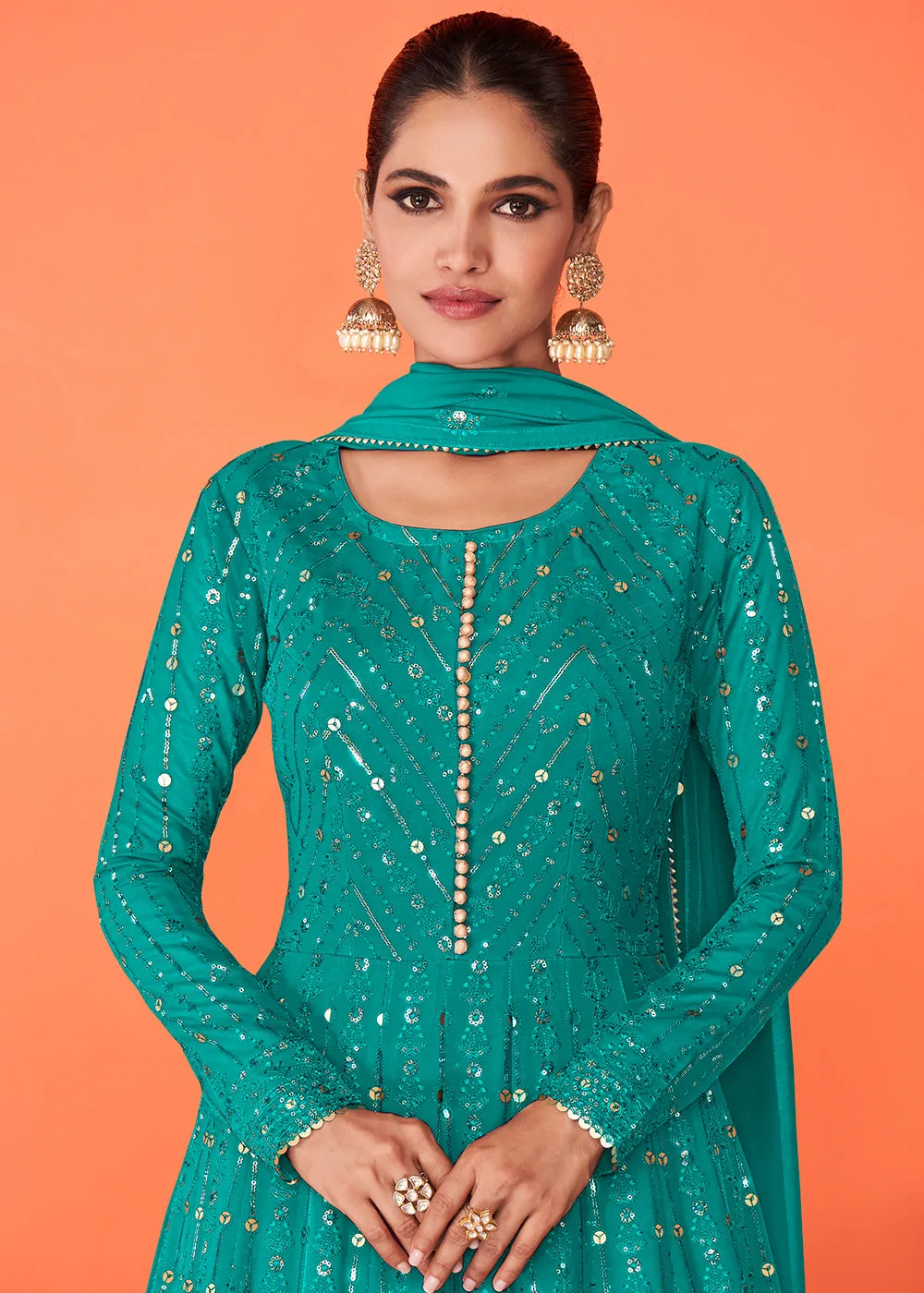 Majestic Turquoise Georgette Festive Anarkali Featuring Vartika Singh