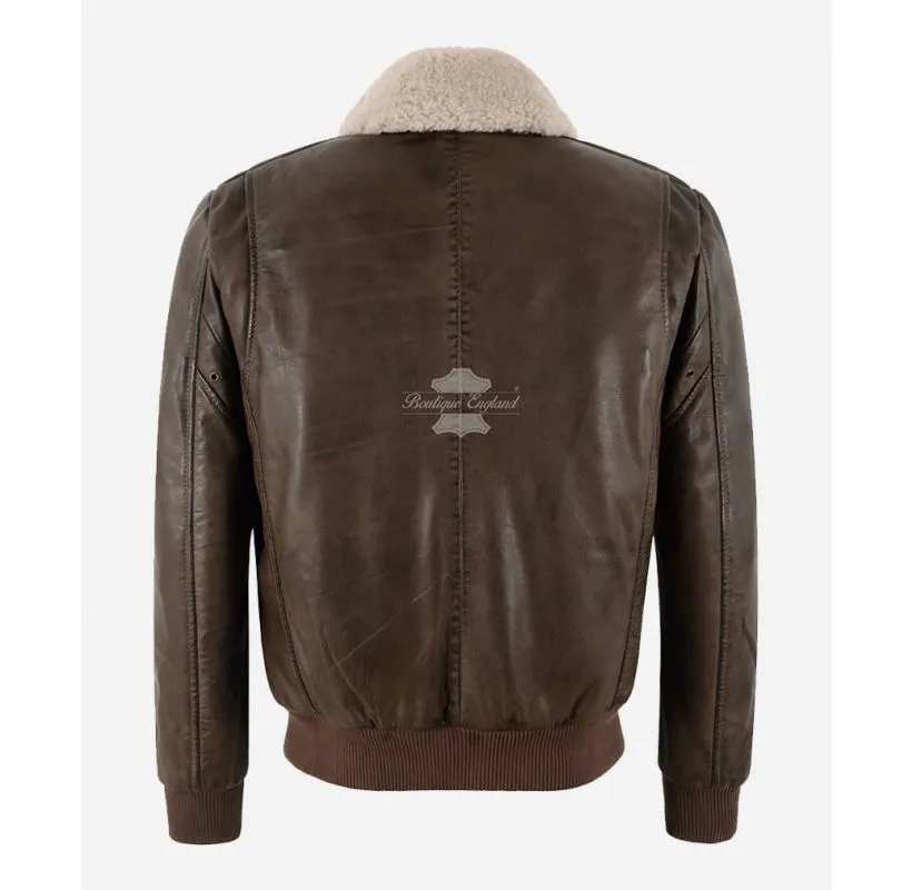 Men's Aviator Leather Jacket Shearling Fur Collar Flying Bomber Jacket
