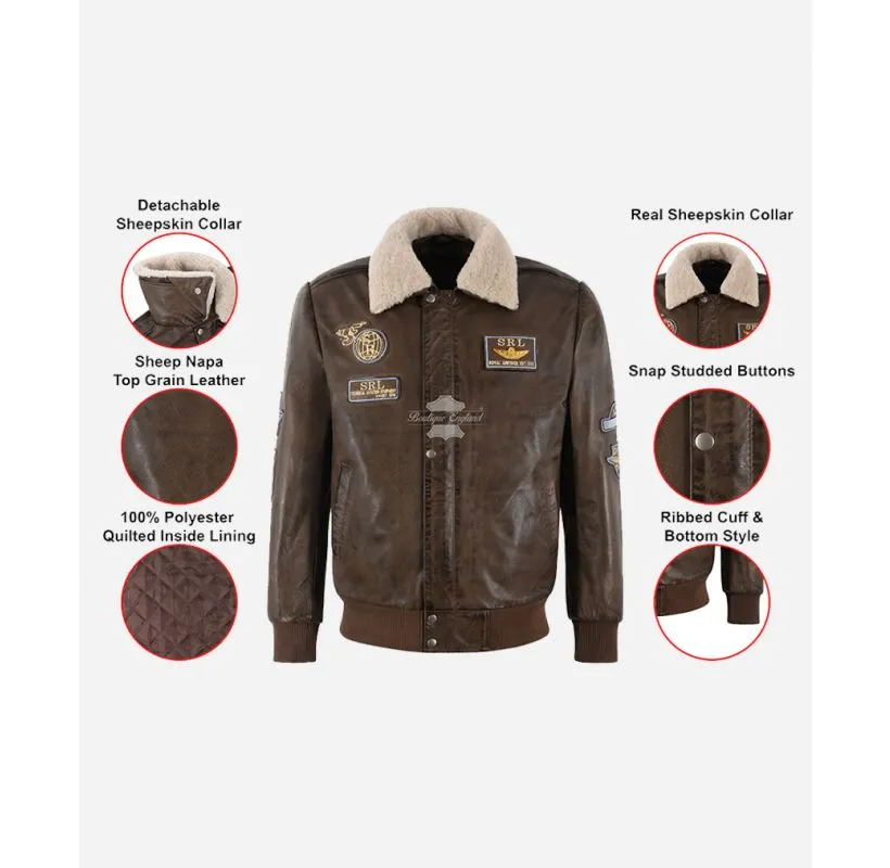Men's Aviator Leather Jacket Shearling Fur Collar Flying Bomber Jacket