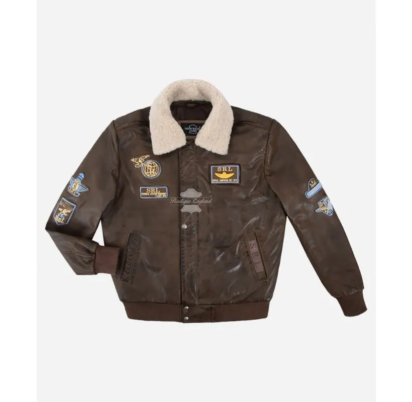 Men's Aviator Leather Jacket Shearling Fur Collar Flying Bomber Jacket
