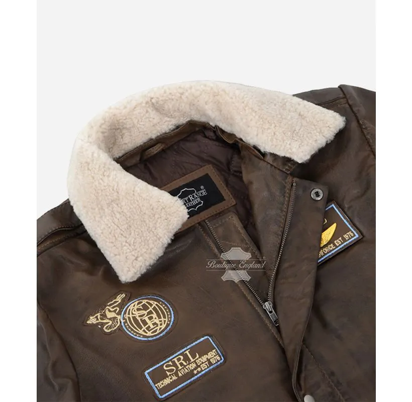 Men's Aviator Leather Jacket Shearling Fur Collar Flying Bomber Jacket