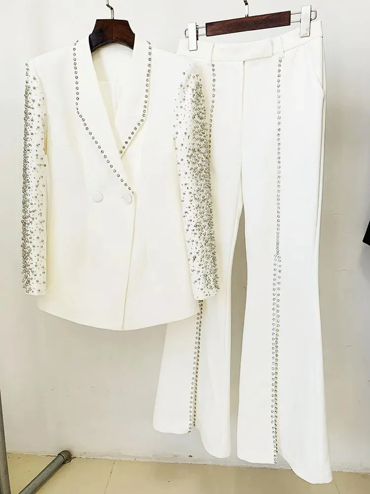 Newest Lady Stylish Rhinestone Lines Office Wear Fine Workmanship Beads Hot Drilling Blazer Flared Pants 2 Pieces Sets Women