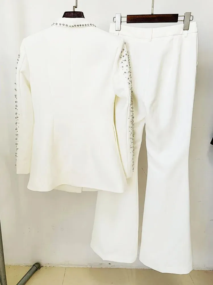 Newest Lady Stylish Rhinestone Lines Office Wear Fine Workmanship Beads Hot Drilling Blazer Flared Pants 2 Pieces Sets Women