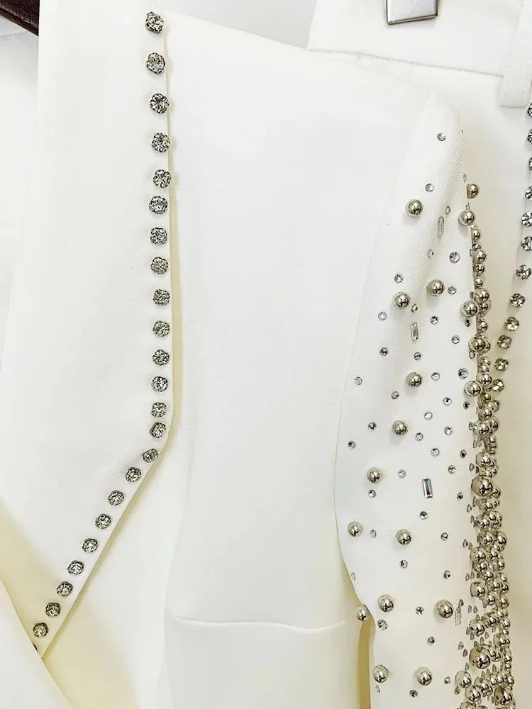Newest Lady Stylish Rhinestone Lines Office Wear Fine Workmanship Beads Hot Drilling Blazer Flared Pants 2 Pieces Sets Women