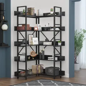 PAKASEPT 5-Shelf Corner Bookshelf, Vintage Industrial Corner Shelf Stand Etagere Bookcase, 5 Tier Open Storage Corner Cabinet with Metal Frame for Home Office