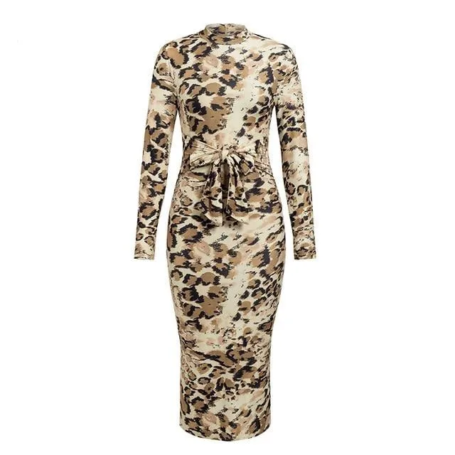 Sexy Leopard Print Long Sleeve Sashes Bodycon Stretch Elegant Party Dress