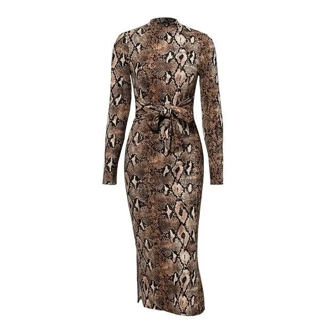 Sexy Leopard Print Long Sleeve Sashes Bodycon Stretch Elegant Party Dress