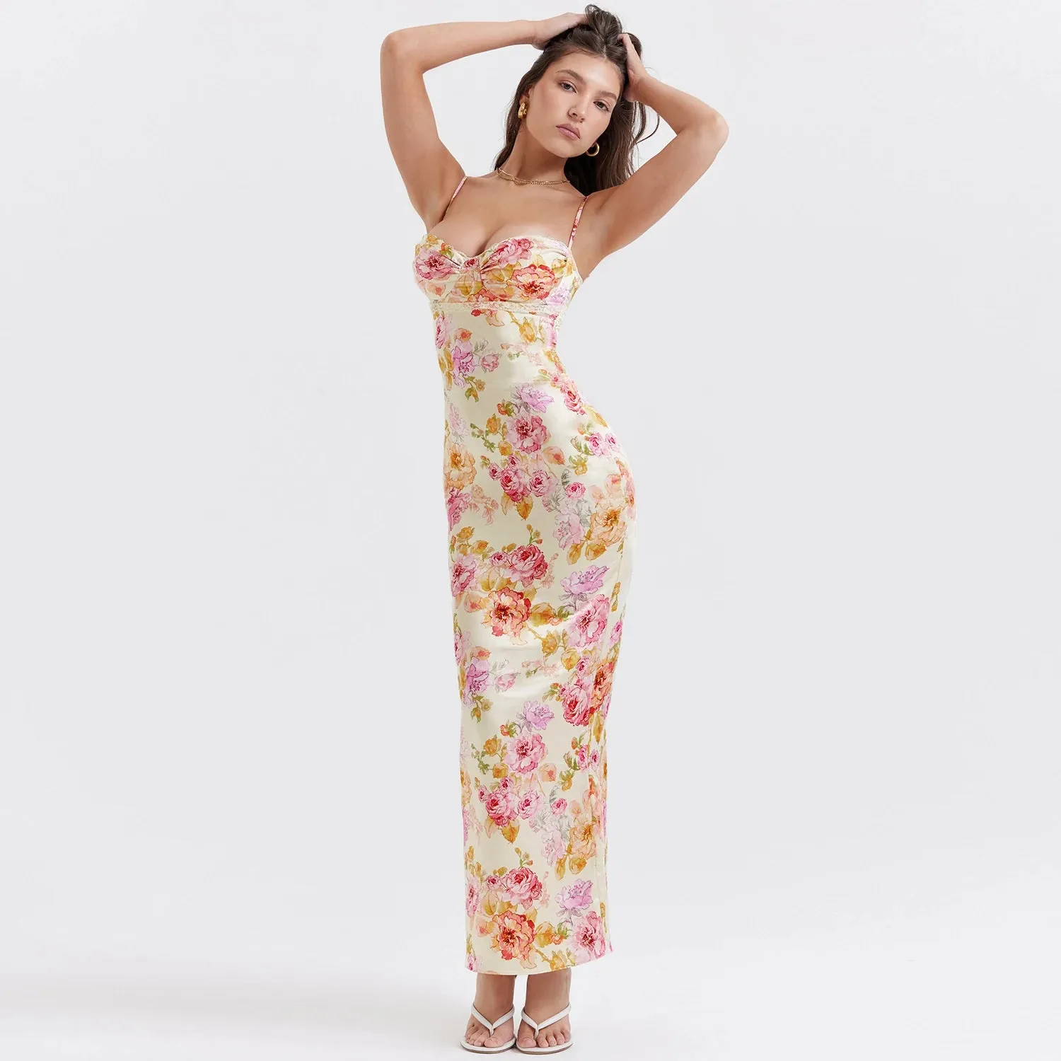 Sladuo Women Sexy Spaghetti Strap Floral Print Maxi Dress Bodycon Sleeveless Club Evening Cocktail Party Dresses Vestidos
