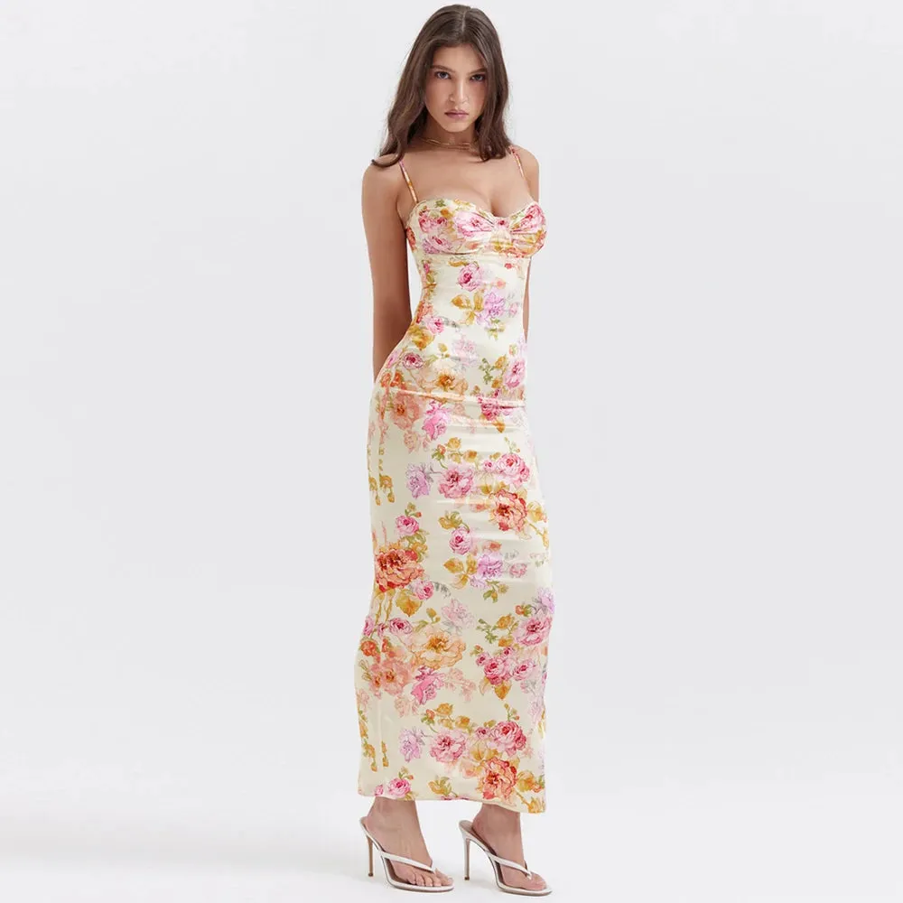 Sladuo Women Sexy Spaghetti Strap Floral Print Maxi Dress Bodycon Sleeveless Club Evening Cocktail Party Dresses Vestidos