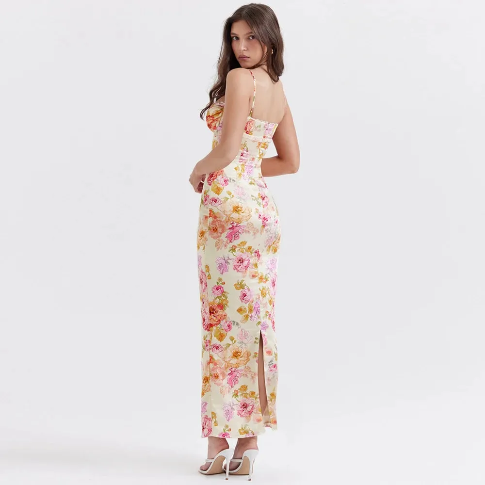 Sladuo Women Sexy Spaghetti Strap Floral Print Maxi Dress Bodycon Sleeveless Club Evening Cocktail Party Dresses Vestidos