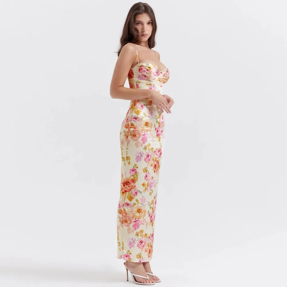 Sladuo Women Sexy Spaghetti Strap Floral Print Maxi Dress Bodycon Sleeveless Club Evening Cocktail Party Dresses Vestidos