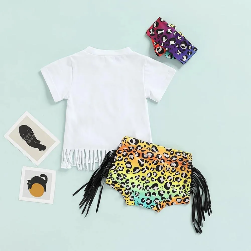 Summer Girls Letter Print Tassel T-shirt Flared Pants Three-piece Set Wholesale Baby Girl Clothes
