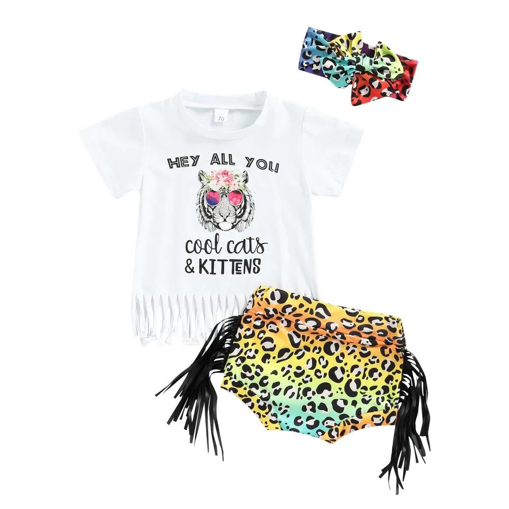 Summer Girls Letter Print Tassel T-shirt Flared Pants Three-piece Set Wholesale Baby Girl Clothes