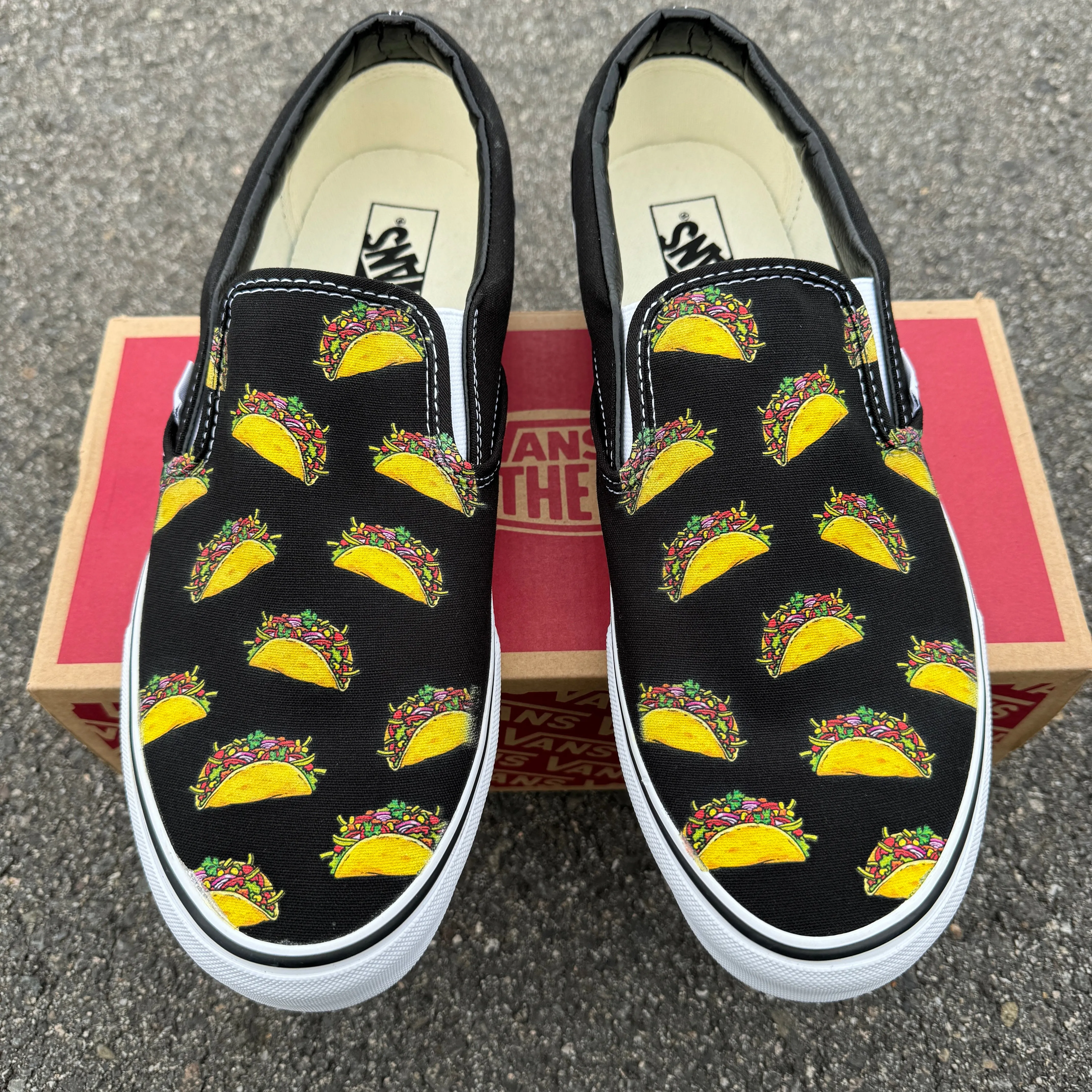 Tacos on Custom Black Slip On Vans Shoes for Women and Men