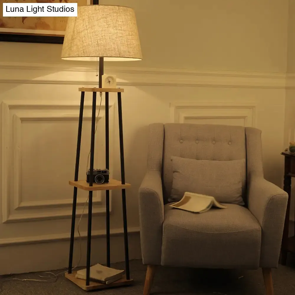Traditional Fabric Tapered Drum Floor Lamp with 3-Layer Shelf in Black