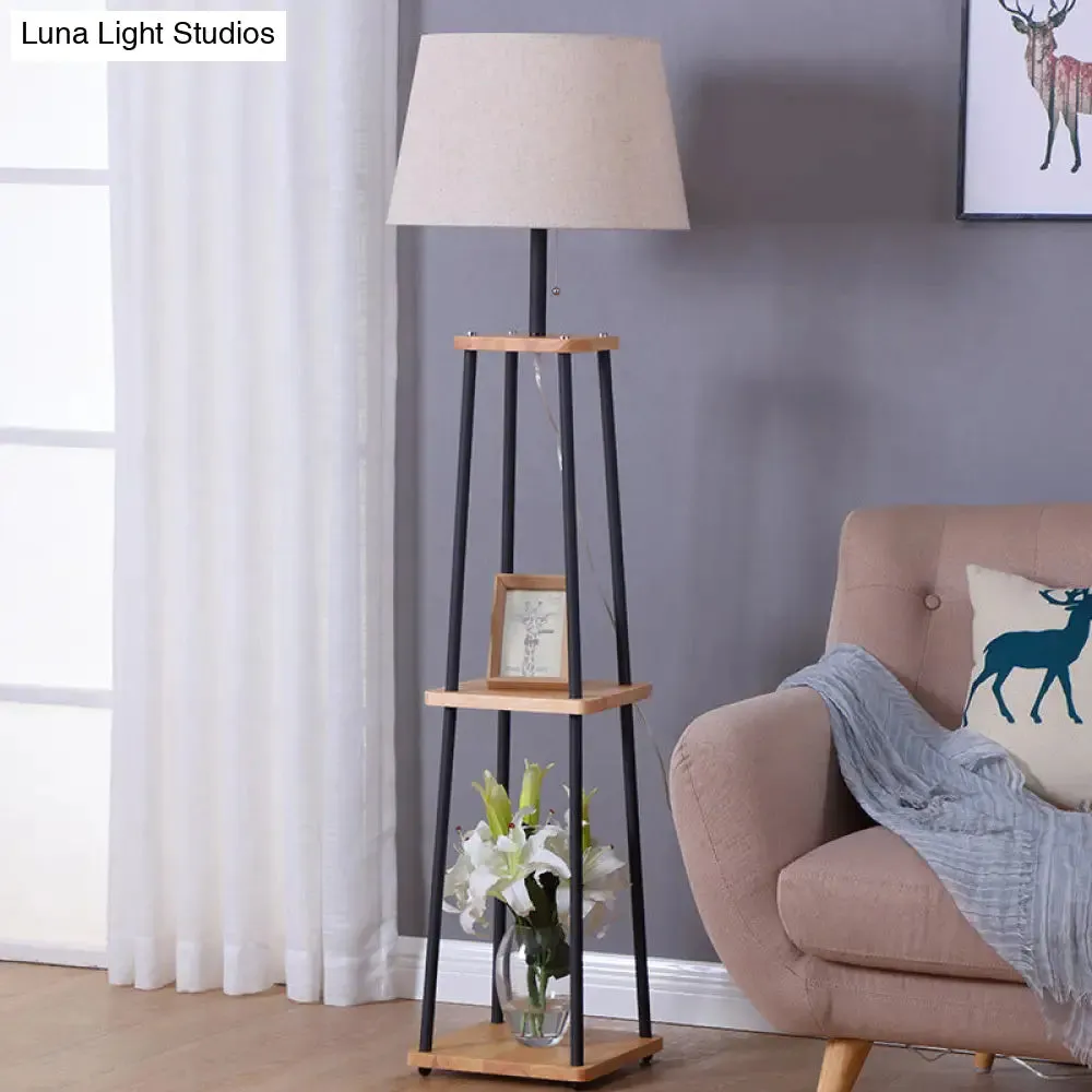 Traditional Fabric Tapered Drum Floor Lamp with 3-Layer Shelf in Black
