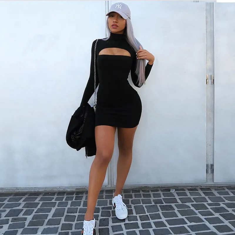 VenusFox Long Sleeve Turtleneck Mini Bodycon Dress