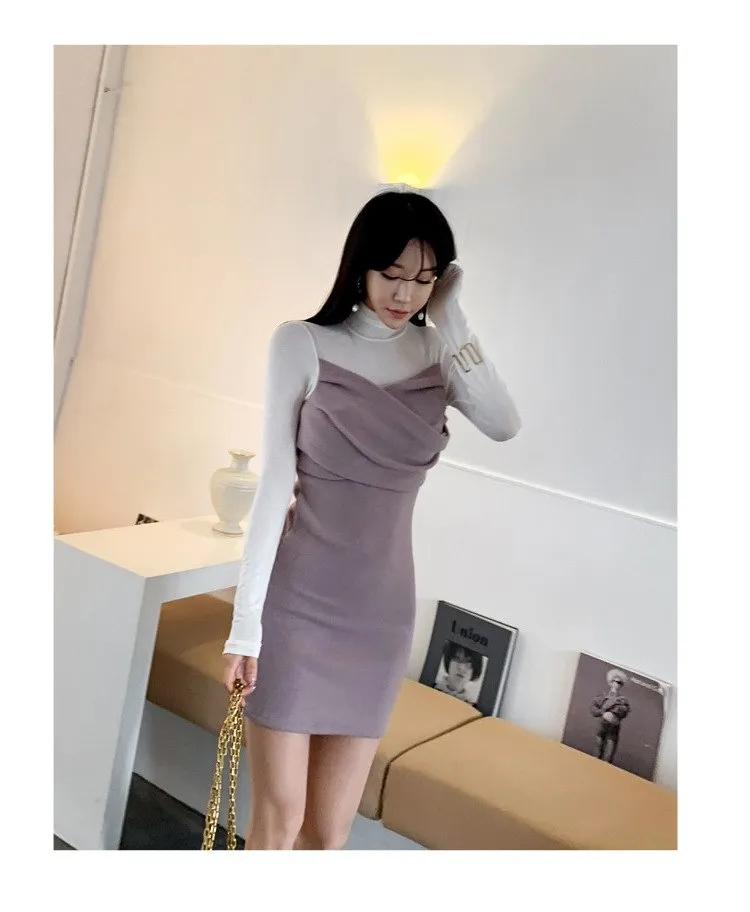 VenusFox Patchwork Bodycon Full Sleeve Turtleneck Casual Club Dress