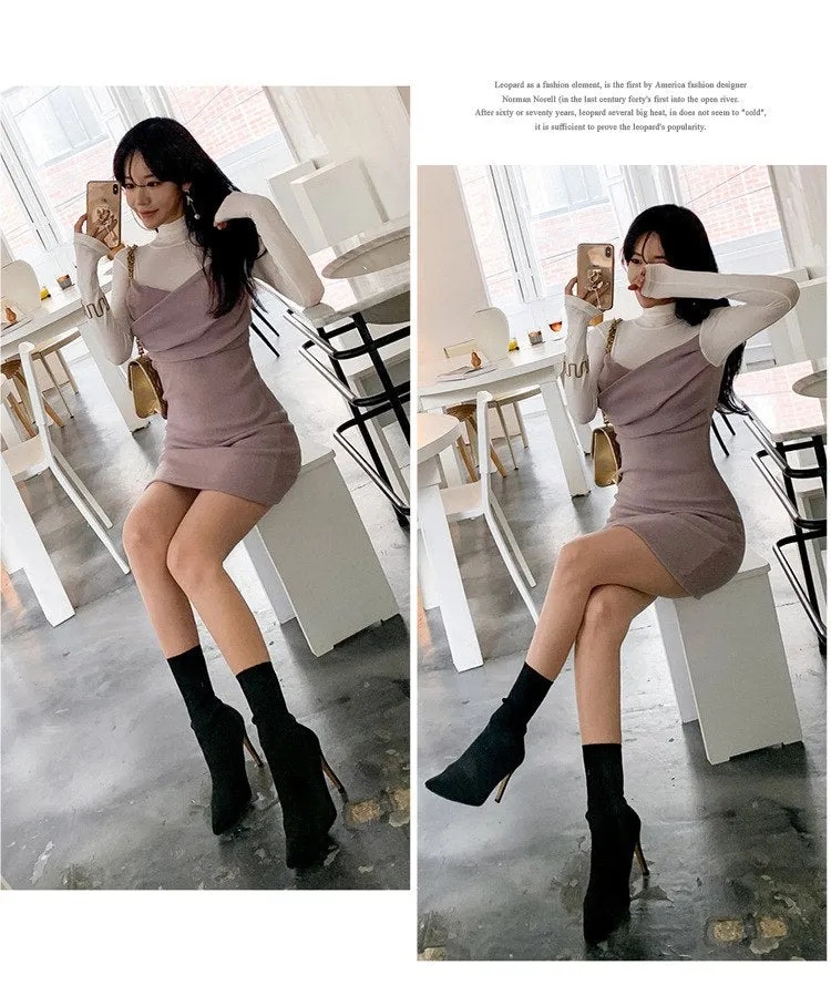 VenusFox Patchwork Bodycon Full Sleeve Turtleneck Casual Club Dress