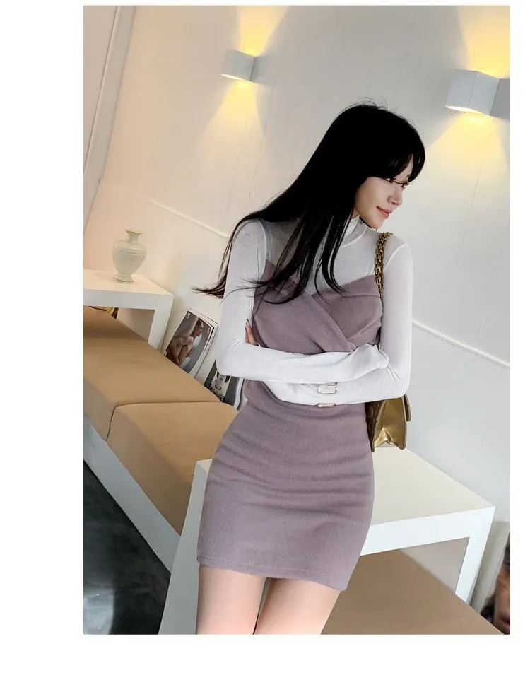 VenusFox Patchwork Bodycon Full Sleeve Turtleneck Casual Club Dress