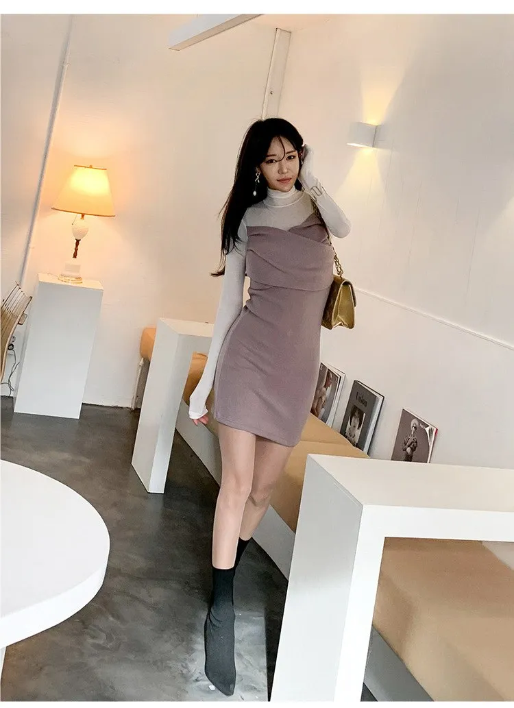 VenusFox Patchwork Bodycon Full Sleeve Turtleneck Casual Club Dress