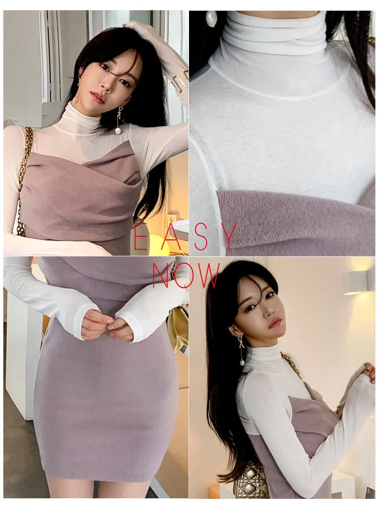 VenusFox Patchwork Bodycon Full Sleeve Turtleneck Casual Club Dress