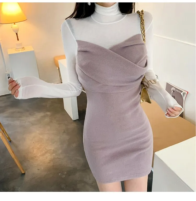 VenusFox Patchwork Bodycon Full Sleeve Turtleneck Casual Club Dress