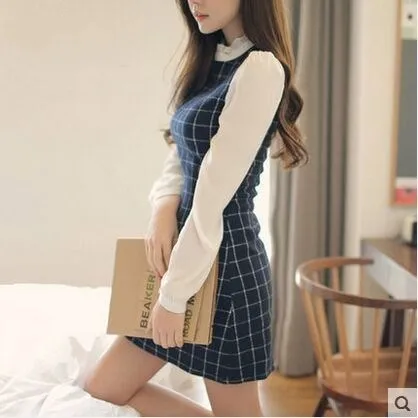 VenusFox Plaid Full Sleeve Patchwork Mini Dress Women