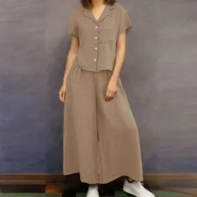 Vintage Cotton Linen Wide Leg Fashion Short Sleeve Solid Color Loose Oversized Summer Set