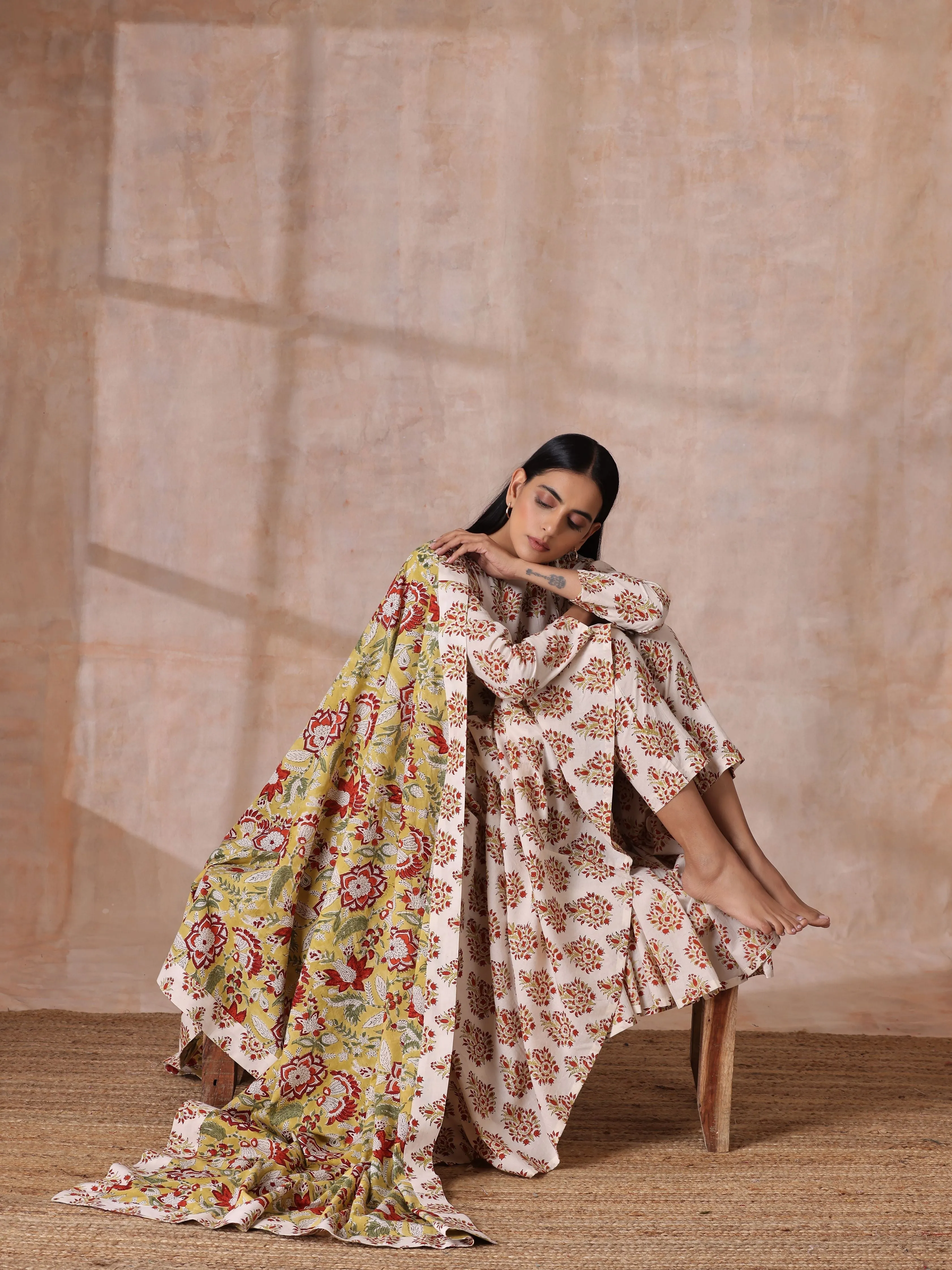 White With Red Yellow Buta Block Print Cotton Kurta Pant Dupatta Set