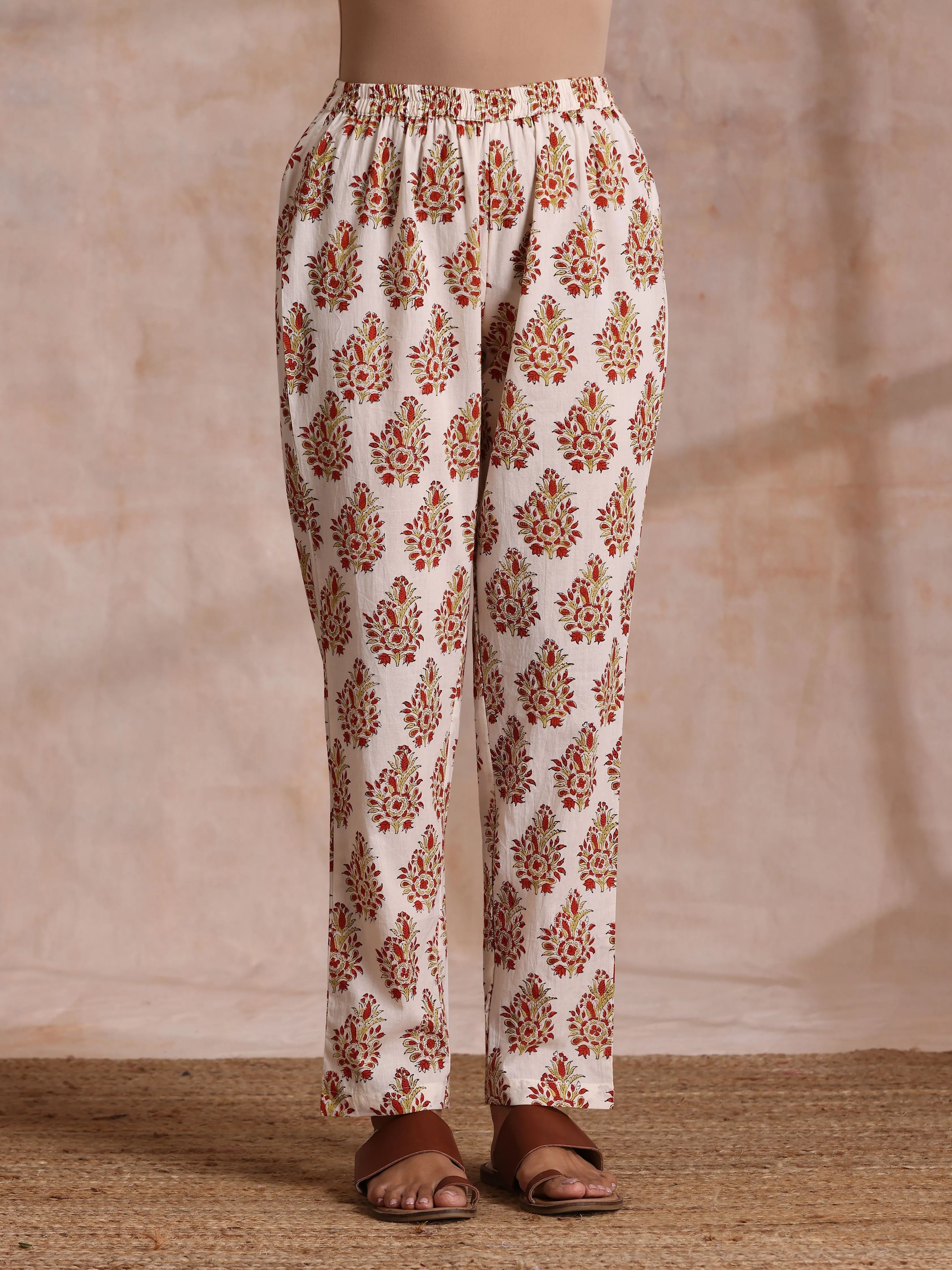 White With Red Yellow Buta Block Print Cotton Kurta Pant Dupatta Set