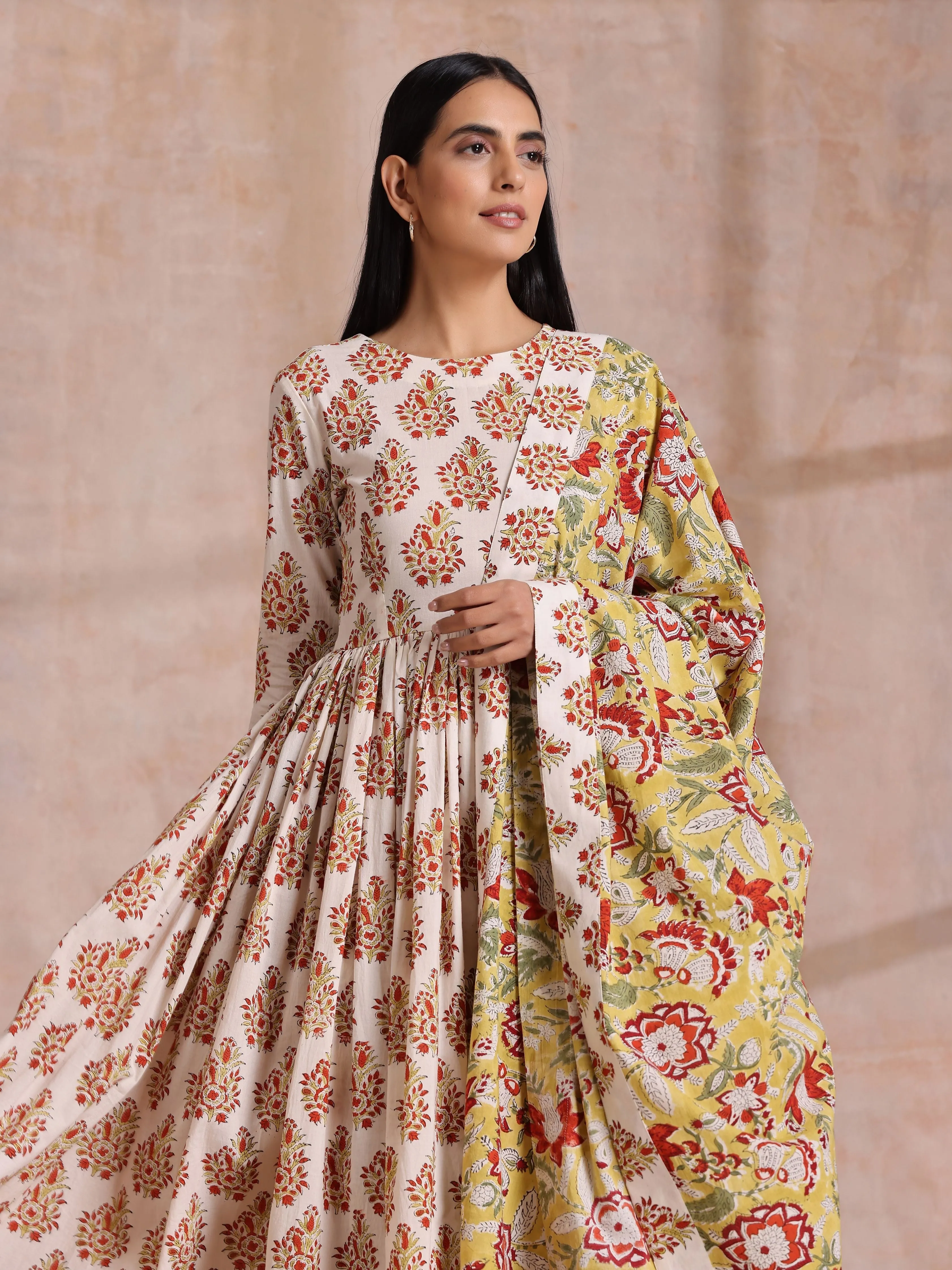 White With Red Yellow Buta Block Print Cotton Kurta Pant Dupatta Set