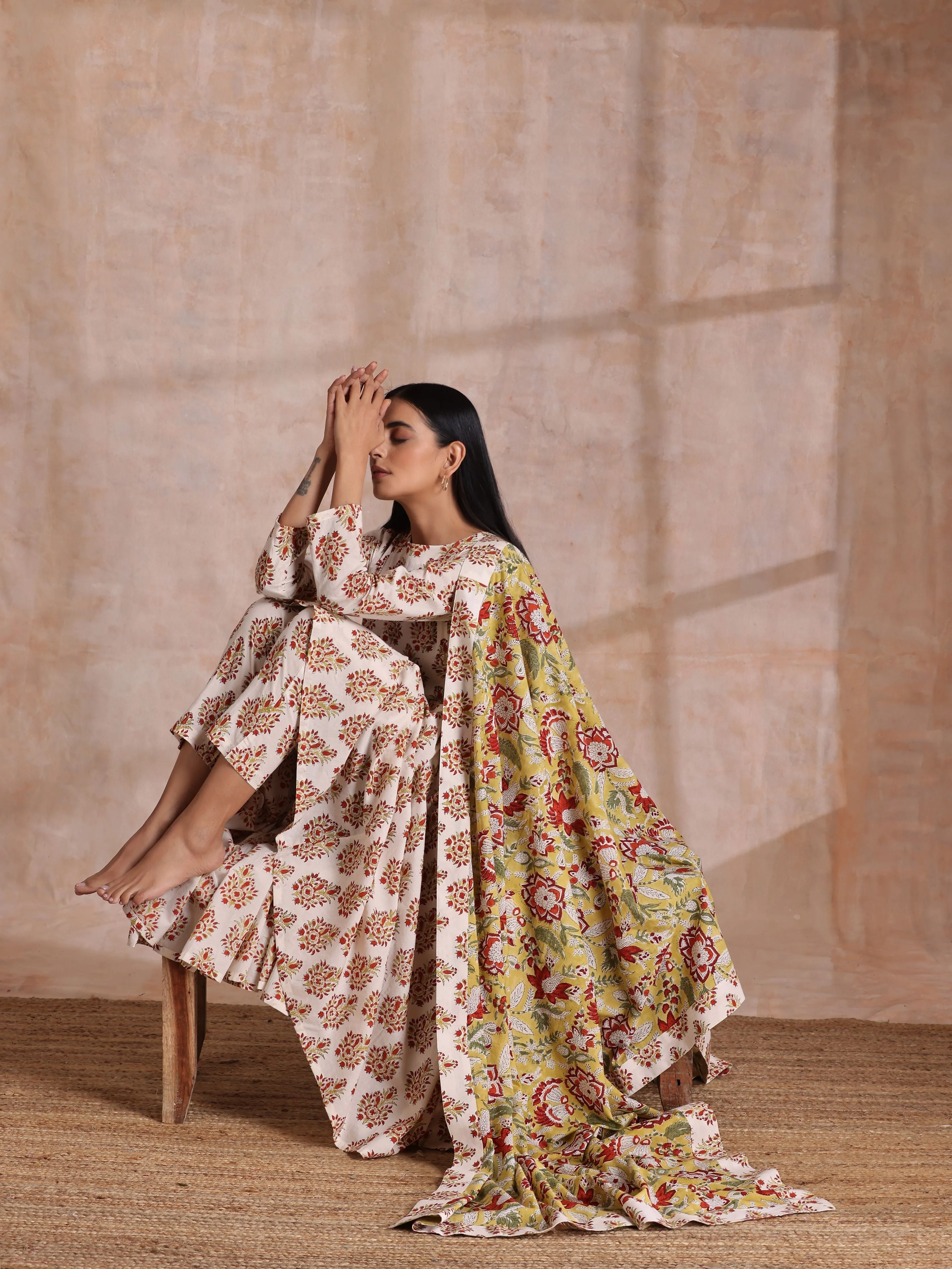 White With Red Yellow Buta Block Print Cotton Kurta Pant Dupatta Set