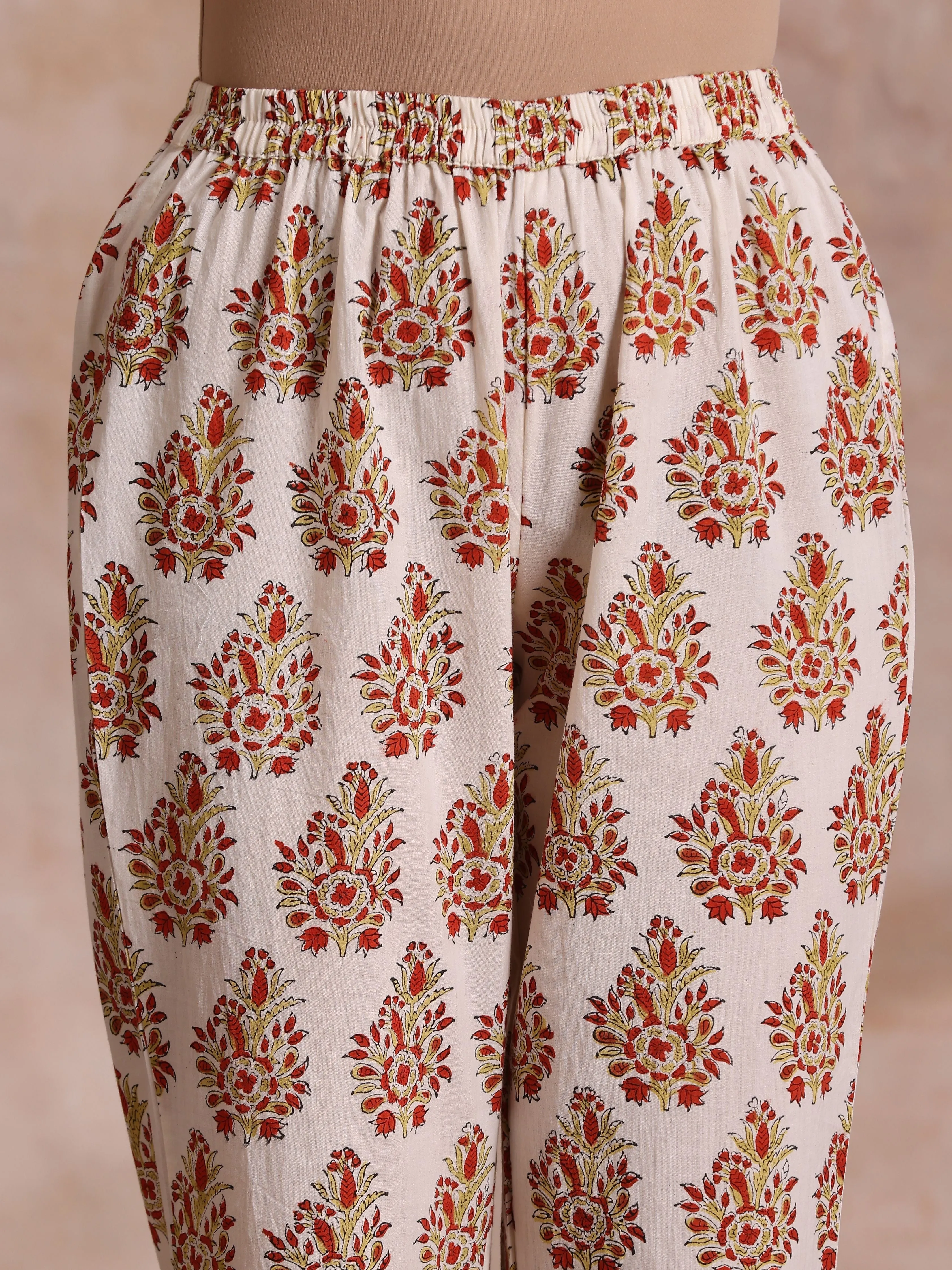 White With Red Yellow Buta Block Print Cotton Kurta Pant Dupatta Set