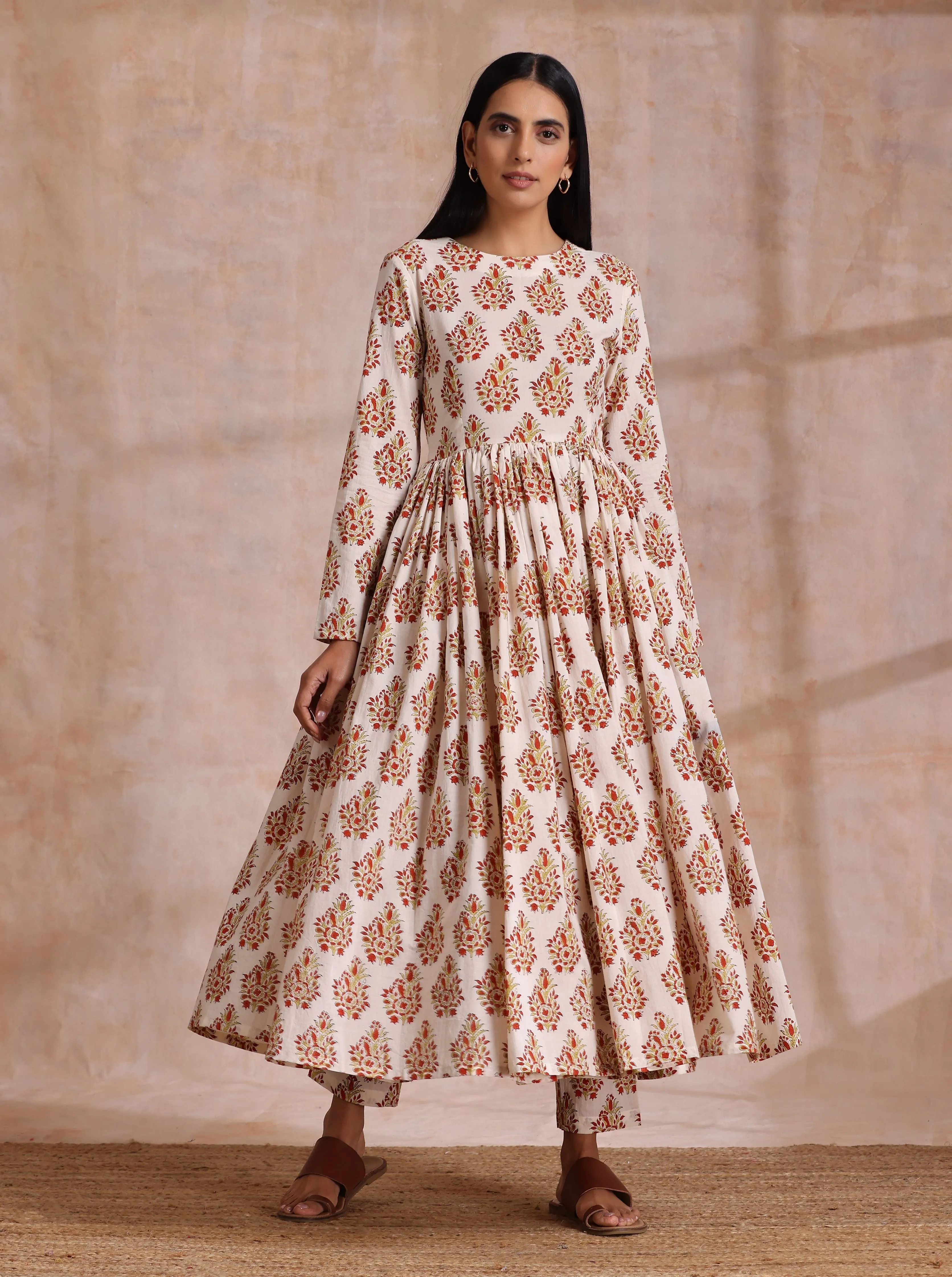 White With Red Yellow Buta Block Print Cotton Kurta Pant Dupatta Set