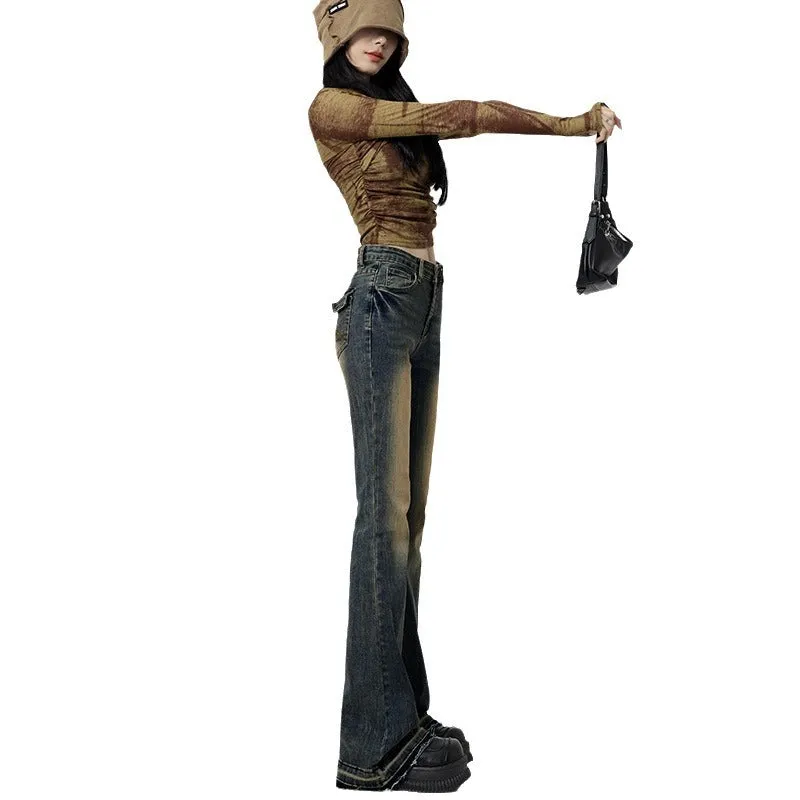 Wjczt 2000s fashion Vintage Washed Jeans Women's High Waist Skinny 2024 New Autumn American Style Frayed Flared Horseshoe Pants