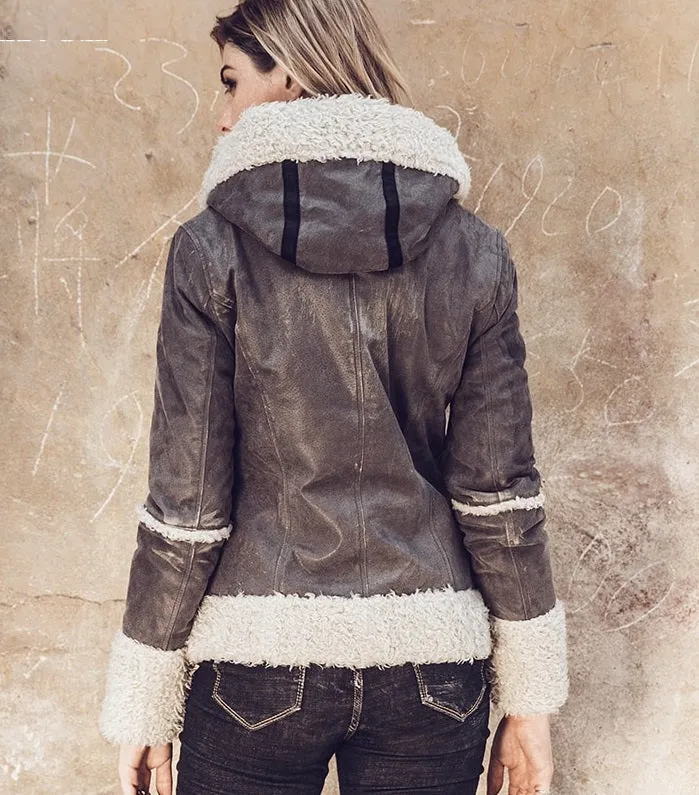 Women’s Hooded Faux Fur Shearling Genuine Leather Jacket By TJS
