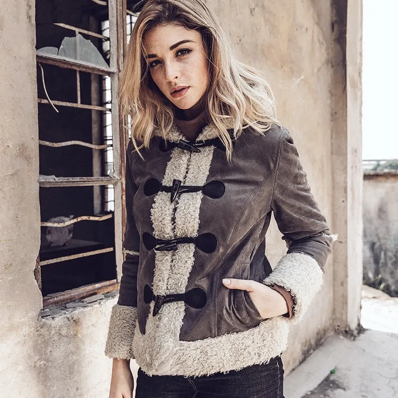 Women’s Hooded Faux Fur Shearling Genuine Leather Jacket By TJS
